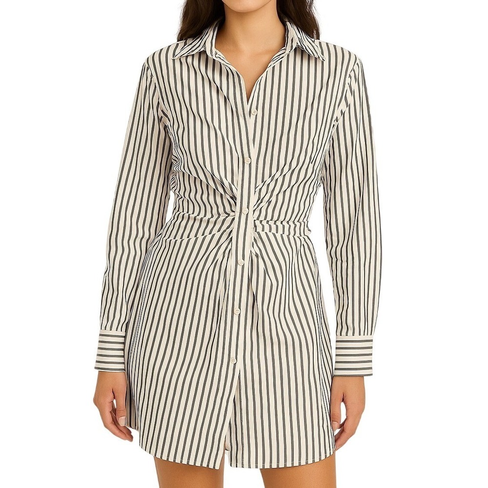 Moon River Striped Shirt Dress Medium M Blue White Ruched Coastal Office Tunic‎